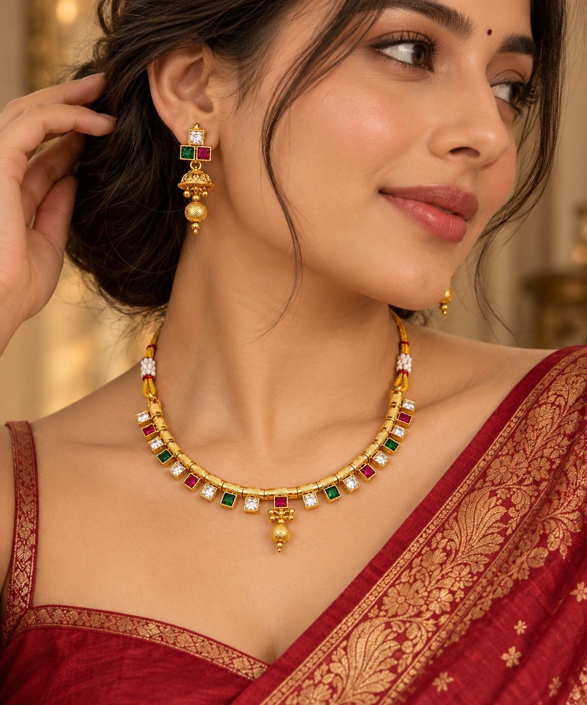 A stone-set imitation gold necklace, close up — made in Mumbai