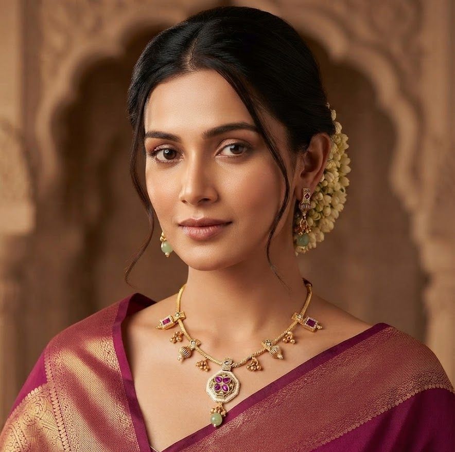 A bride in a silk saree under carved arches