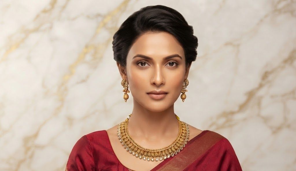 Caliber imitation jewellery — a gold necklace set with a red silk saree